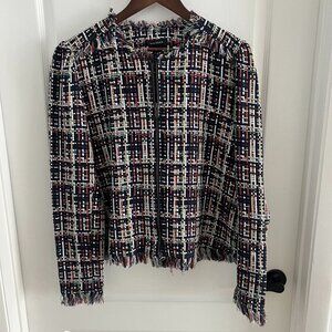 $149 Halogen Tweed Fringe Zip Jacket XL Navy Business Office Casual Preppy Y2K